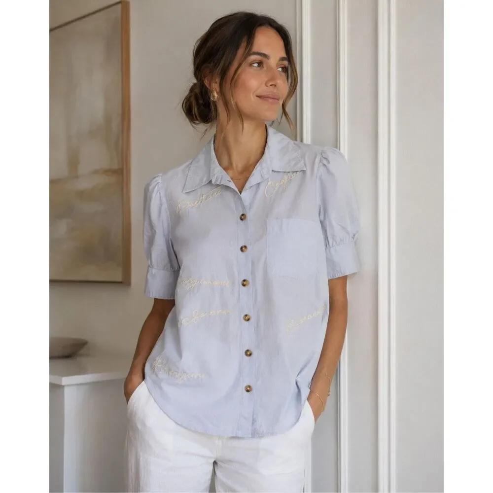 Anthropologie Blue Embroidered European feminine Puff Sleeve Button-Down Blouse,